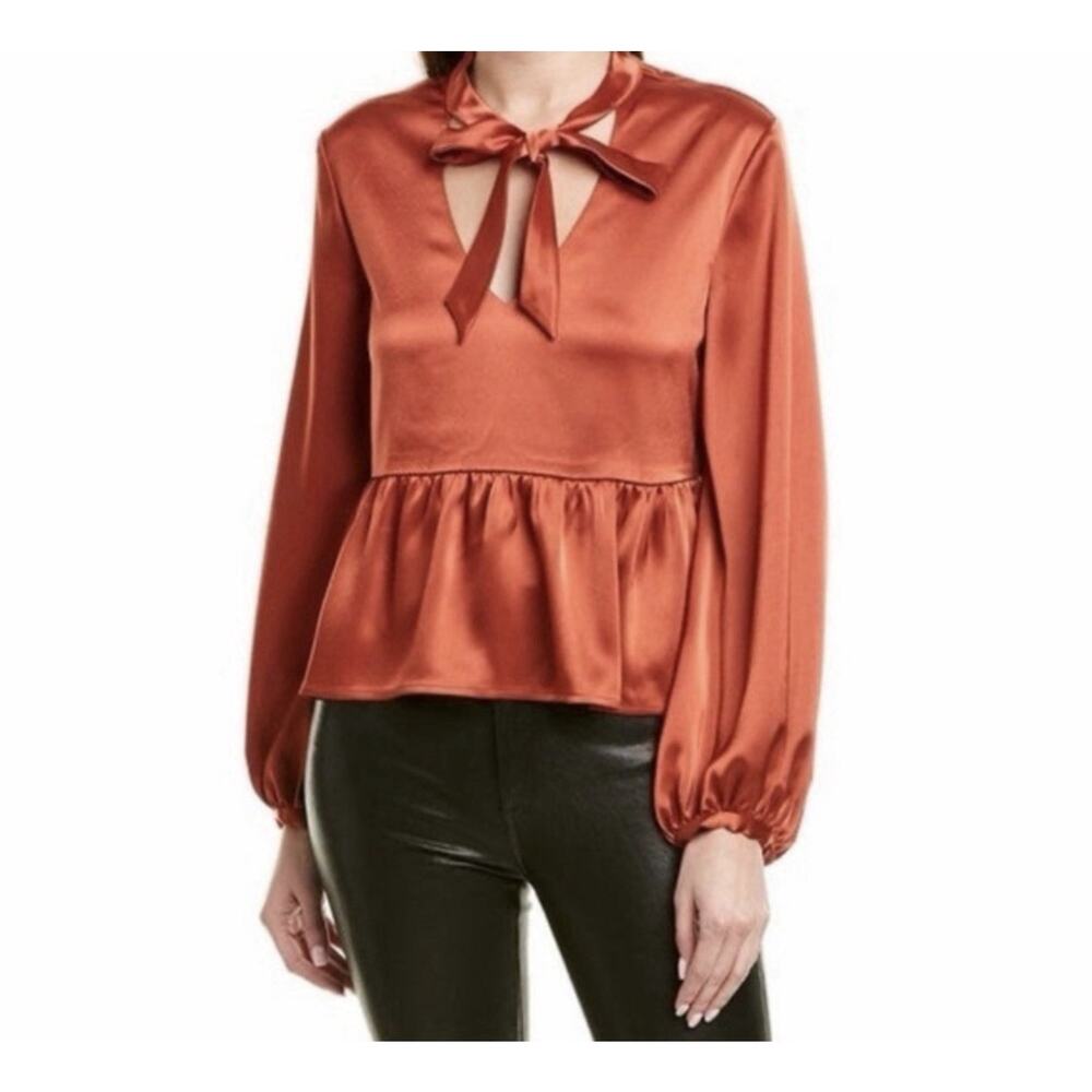 David lerner Burnt Orange Satin Bow Blouse Ruffle Hem Top Size Small (V32)